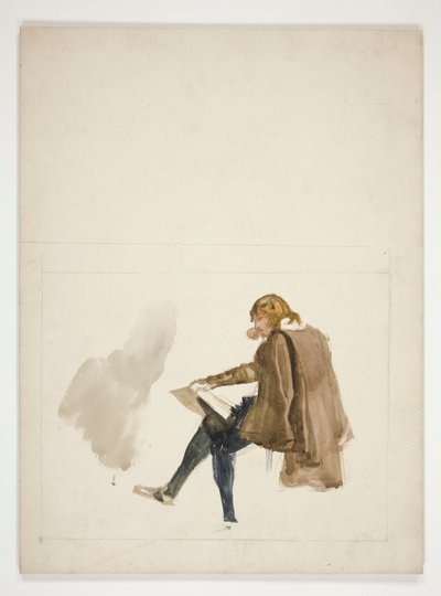 Istuva nuori mies ruskeassa viitassa lukemassa tunnistamatonta kuvaa tekijältä Edwin Austin Abbey