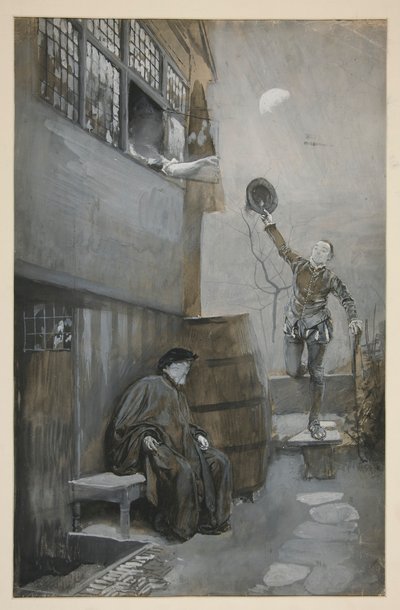 Luonnos Nighttime Rendezvous -tapahtumaan - 3 hahmoa: kaksi miestä, yksi nainen tekijältä Edwin Austin Abbey