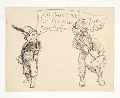 Luonnos onnittelukortille: M.G. toivottaa uutta vuotta. ja E.A. Abbey tekijältä Edwin Austin Abbey