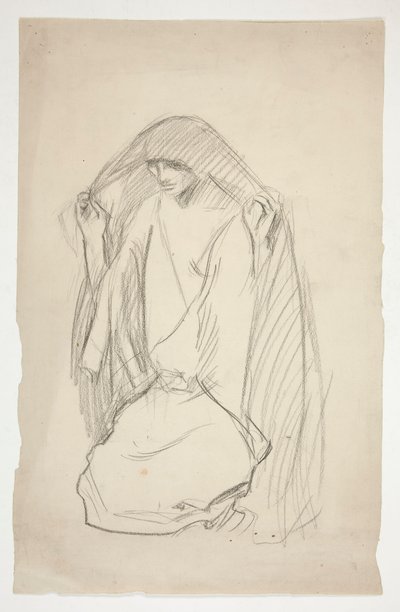 Luonnos naarashahmosta, joka rukoilee Kolmen Marian puolesta ristillä tekijältä Edwin Austin Abbey