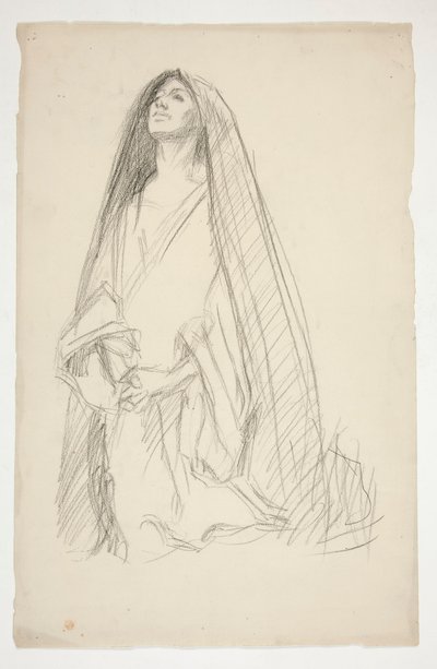 Luonnos naarashahmosta, joka rukoilee Kolmen Marian puolesta ristillä tekijältä Edwin Austin Abbey