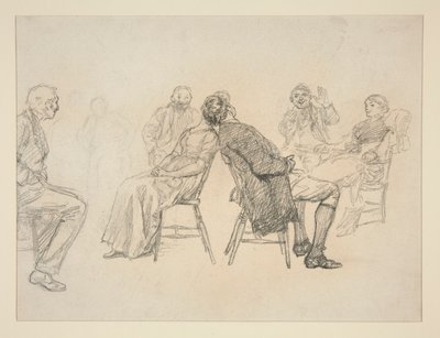 Luonnos pariskunnasta, joka pelaa peliä katsojien ympäröimänä sisätiloissa (?) - tunnistamaton kuva tekijältä Edwin Austin Abbey