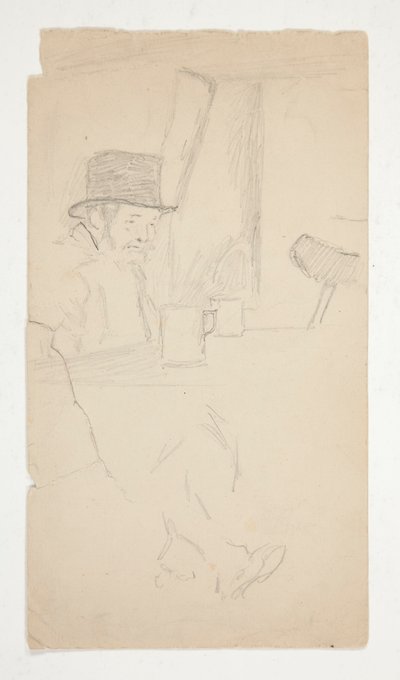 Luonnos raajarasta miehestä, joka istuu pöydän ääressä baarissa tekijältä Edwin Austin Abbey