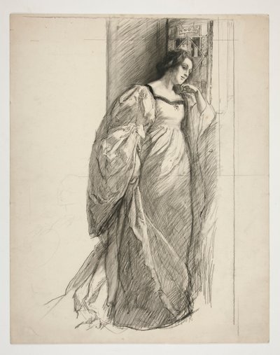 Luonnos naisesta, kuvitus tekijältä Edwin Austin Abbey