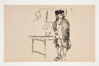 Luonnos miehestä vallankumouksellisessa mekossa pöydän vieressä tekijältä Edwin Austin Abbey