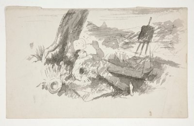 Luonnos ulkoilmamaalarista, joka ottaa päiväunet puun alla - tunnistamaton kuva tekijältä Edwin Austin Abbey