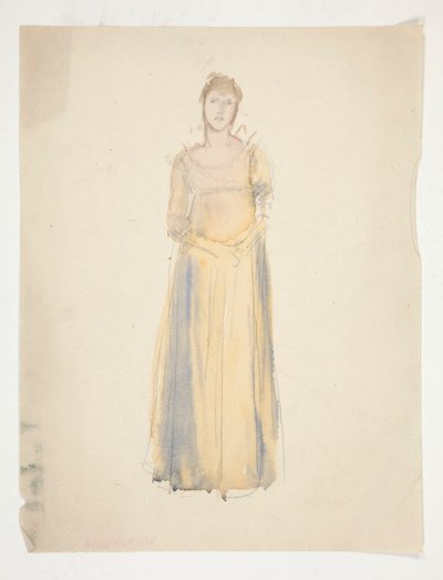 Luonnos naisesta (keltaiseen pukeutunut) - pukututkimus näytelmään? tekijältä Edwin Austin Abbey