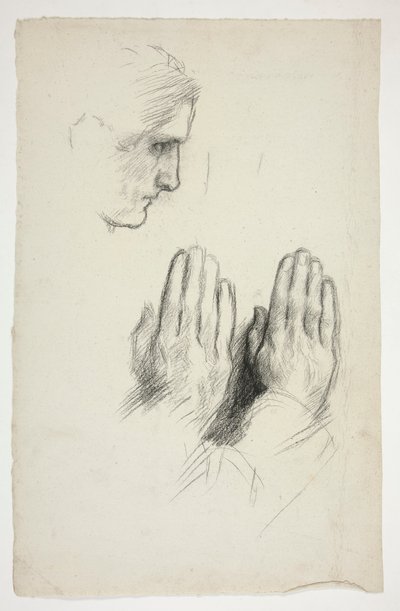 Luonnos nuoresta miehestä profiilissa; luonnos kahdesta käsistä rukouksessa tekijältä Edwin Austin Abbey