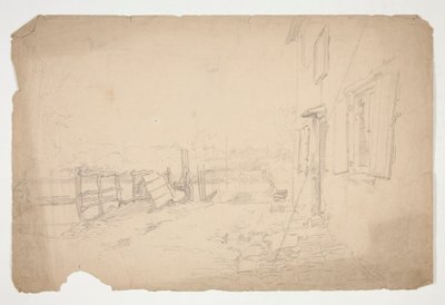 Luonnos maalaistalon ulkokuvasta tekijältä Edwin Austin Abbey