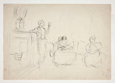 Luonnos sisustuksesta: mies lukee ääneen, naiset neulevat - tunnistamaton kuva tekijältä Edwin Austin Abbey