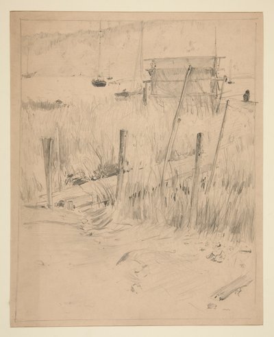 Luonnos vanhasta laiturista, jonka ympärillä kasvaa rikkaruohoja tekijältä Edwin Austin Abbey