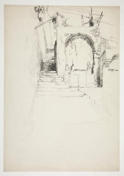 Luonnos ulkoportaista (italialainen pergola, kirjakuvitukseen) tekijältä Edwin Austin Abbey