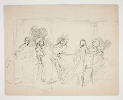 Piirros hahmoista pöydän ympärillä - tunnistamaton esimerkki näytelmästä (?) tekijältä Edwin Austin Abbey