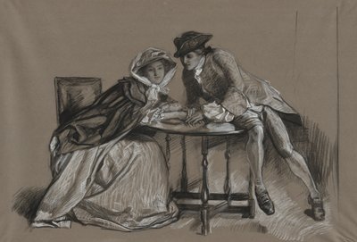 Opiskelu. Lady ja herrasmies keskustelevat pöydän toisella puolella tekijältä Edwin Austin Abbey