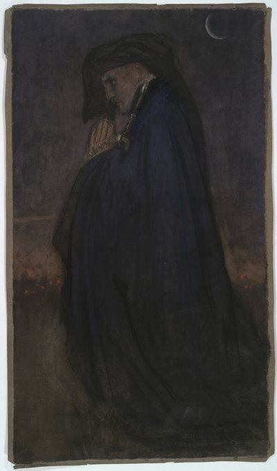 Opiskelu. Mies sinisessä viitassa, kuutamossa tekijältä Edwin Austin Abbey