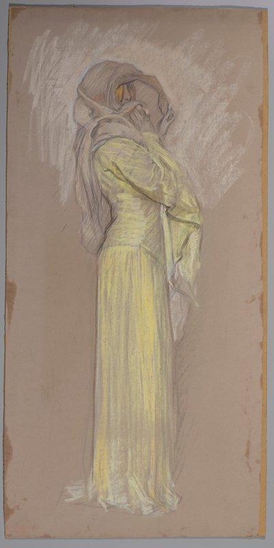 Tutkimus, Nainen keltaisessa mekossa ruskealla hunnulla kasvoilla tekijältä Edwin Austin Abbey
