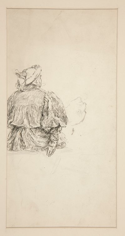 Tutkimus istuvan miehen selästä XV vuosisadan pukuissa Shakespearen kohtaukseen. tekijältä Edwin Austin Abbey