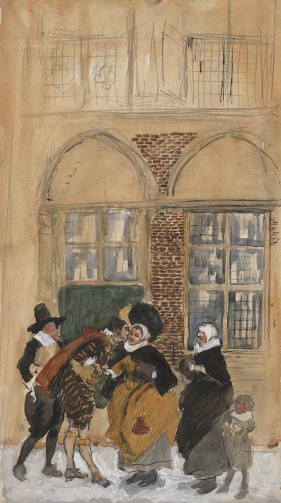 Tutkimus hahmokohtauksesta 1600-luvun hollantilaisessa asussa, mahdollisesti New Amsterdamissa tekijältä Edwin Austin Abbey