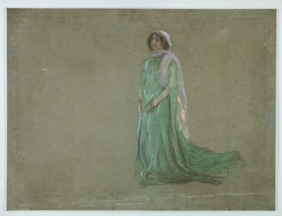 Opiskelu, nainen pitkässä vihreässä mekossa, vaaleanpunainen huivi tekijältä Edwin Austin Abbey