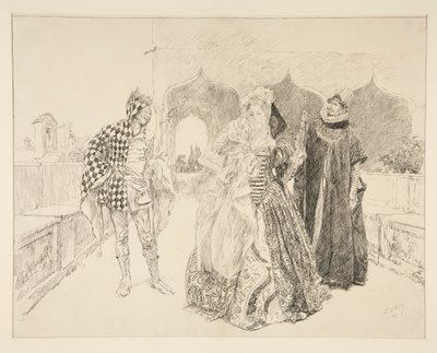 Klovni ja Malvolio, kuvitus näytökselle I, kohtaus v, kahdestoista yö tekijältä Edwin Austin Abbey