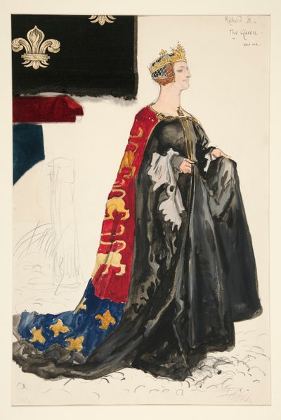 Kuningatar (musta), pukuluonnos Henry Irvingille tekijältä Edwin Austin Abbey