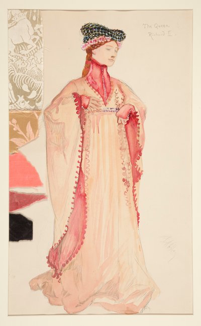 Kuningatar (vaaleanpunainen), pukuluonnos Henry Irvingille tekijältä Edwin Austin Abbey