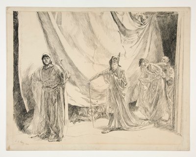 Pelaajien paluu, kuvitus näytökselle V, kohtaus I, juhannusyö tekijältä Edwin Austin Abbey