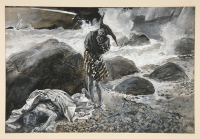 Trinculo ja Caliban, kuvitus näytökselle II, kohtaus ii, The Tempest tekijältä Edwin Austin Abbey