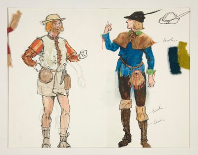 Kaksi miestä, pukupiirros Henry Irvingille tekijältä Edwin Austin Abbey