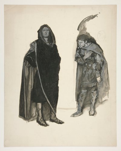 Kaksi pukeutunutta miestä, luonnos tuntemattomaan Shakespearen näytelmään tekijältä Edwin Austin Abbey