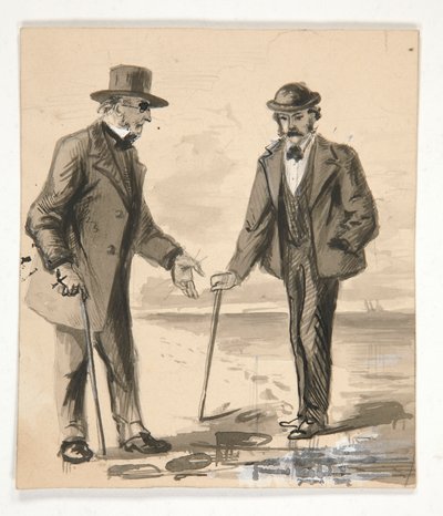 Kaksi miestä keskustelemassa meren rannalla - tunnistamaton kuva tekijältä Edwin Austin Abbey