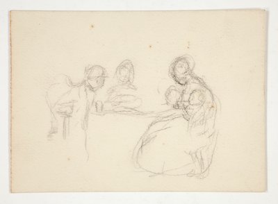 Tuntematon kuva- Kuvien tutkiminen pöydän ääressä. Istuva mies takana. tekijältä Edwin Austin Abbey