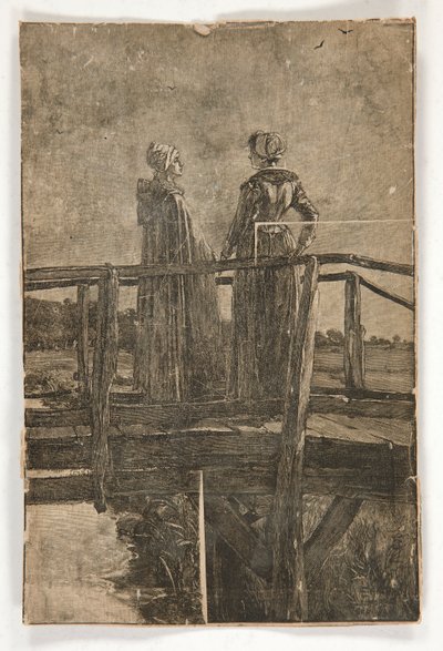 Nimetön puukaiverrus, E.A. Kahden naisen luostari (?) puisella kävelysillalla - kuvitus William Blackille tekijältä Edwin Austin Abbey