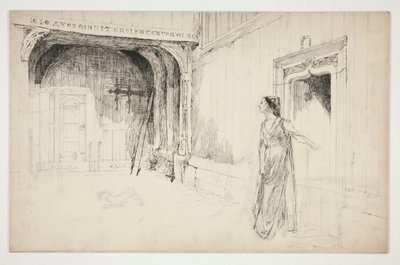Nainen ja koira sisätiloissa - (tunnistamaton kuvitus näytelmään?) tekijältä Edwin Austin Abbey
