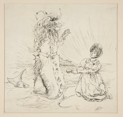 Nainen ja käärme rannalla, luonnos elokuvasta The Lay of the Lobster tekijältä Edwin Austin Abbey