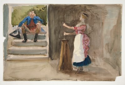 Nainen murskaa voita, mies Vallankumouksellisessa mekossa katsomassa - (tunnistamaton kuva) tekijältä Edwin Austin Abbey