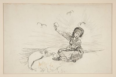 Nainen rannalla pitelee kirjaa, luonnos Hummerin laaksosta tekijältä Edwin Austin Abbey