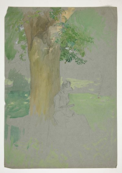 Nainen istuu puun alla ja lukee tekijältä Edwin Austin Abbey