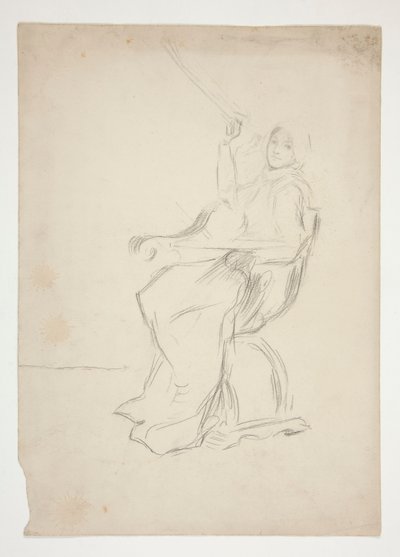 Nainen istuu tuolilla (recto); Kaksi tunnistamatonta arkkitehtonista luonnosta (käänteinen) tekijältä Edwin Austin Abbey