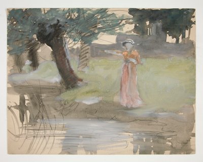 Nainen seisoo joen rannalla - tunnistamaton kuva tekijältä Edwin Austin Abbey