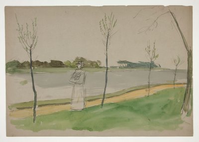 Nainen kävelemässä joen rantaa pitkin tekijältä Edwin Austin Abbey