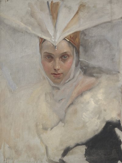 Nainen, jolla on kalasääsken päähine ja valkoinen turkiskaulus, 1897 tekijältä Edwin Austin Abbey