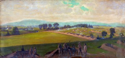 Amerikan sisällissota 1861-1865: Gettysburgin taistelu 1.-3. heinäkuuta 1863. Yhdysvaltain raskaimmat uhrit missään muussa sodassa. "Kenraali Leen komentaman Virginian armeijan viimeinen asema". Öljy. Edwin Forbes (1839-1895) yhdysvaltalainen taiteilija. S tekijältä Edwin Austin Forbes
