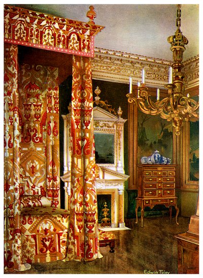 Queen Annes -sänky, lipasto jalustalla ja puinen kynttelikkö, 1910. tekijältä Edwin Foley