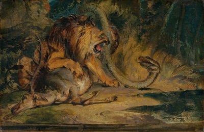 Leijona puolustamassa saalistaan, n. 1840. tekijältä Edwin Henry Landseer