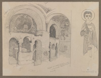 Varhaiskristillinen (koptilainen) luostari Esnassa, 1. maaliskuuta 1887 (grafiittia paperille) tekijältä Edwin Howland Blashfield