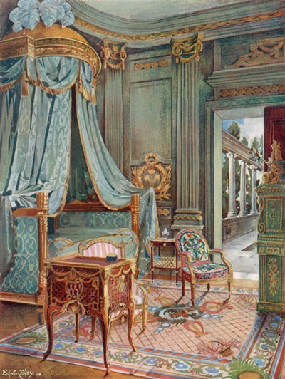 Veistetty ja kullattu draped kupolisänky. Bureau-Toilette (tai Petit Secretaire) Marqueteriessa. Cartonnier vihreää lakkaa tekijältä Edwin John Foley