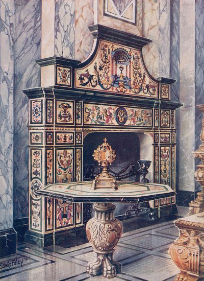 Värillisestä mosaiikista valmistettu savupiippu. Firenzeläinen. Pöytä värillisestä mosaiikista. Florentine tekijältä Edwin John Foley