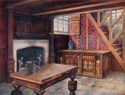 Upotekoristeinen Nonesuch Rinta. Veistetty "piirustus" -pöytä, Shibden Hall. Chiddingstonessa veistetty savupiippu. Varhaisin englantilainen taustakuva Borden Hallissa tekijältä Edwin John Foley