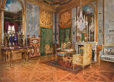 Salon de Musique of Queen Marie Antoinette, Fontainebleaun palatsi, Ranska. Veistetty ja kullattu konsoli. Kullattu sohva Beauvais Tapestryssa. Pöytä, Ormolu-kiinnitteinen ja Sevres plakeilla. Ohjaamon upotekoriste tekijältä Edwin John Foley